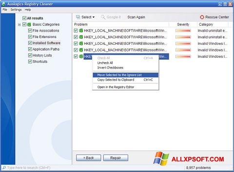 スクリーンショット Auslogics Registry Cleaner Windows XP版